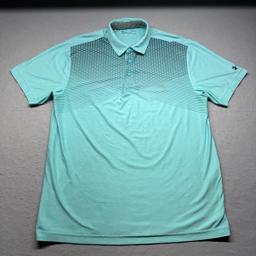Under Armour Polo Shirt Mens LG Teal HeatGear Loose Fit Geometric Golf Athletic